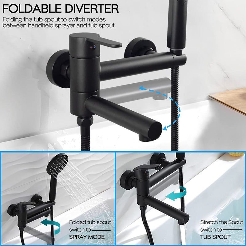 KAPHOME Matte Black Wall Mount Bathtub Faucet with Hand Shower,Tub Shower Faucet with Lengthened Folding Spout,KHSB05U - Image 2